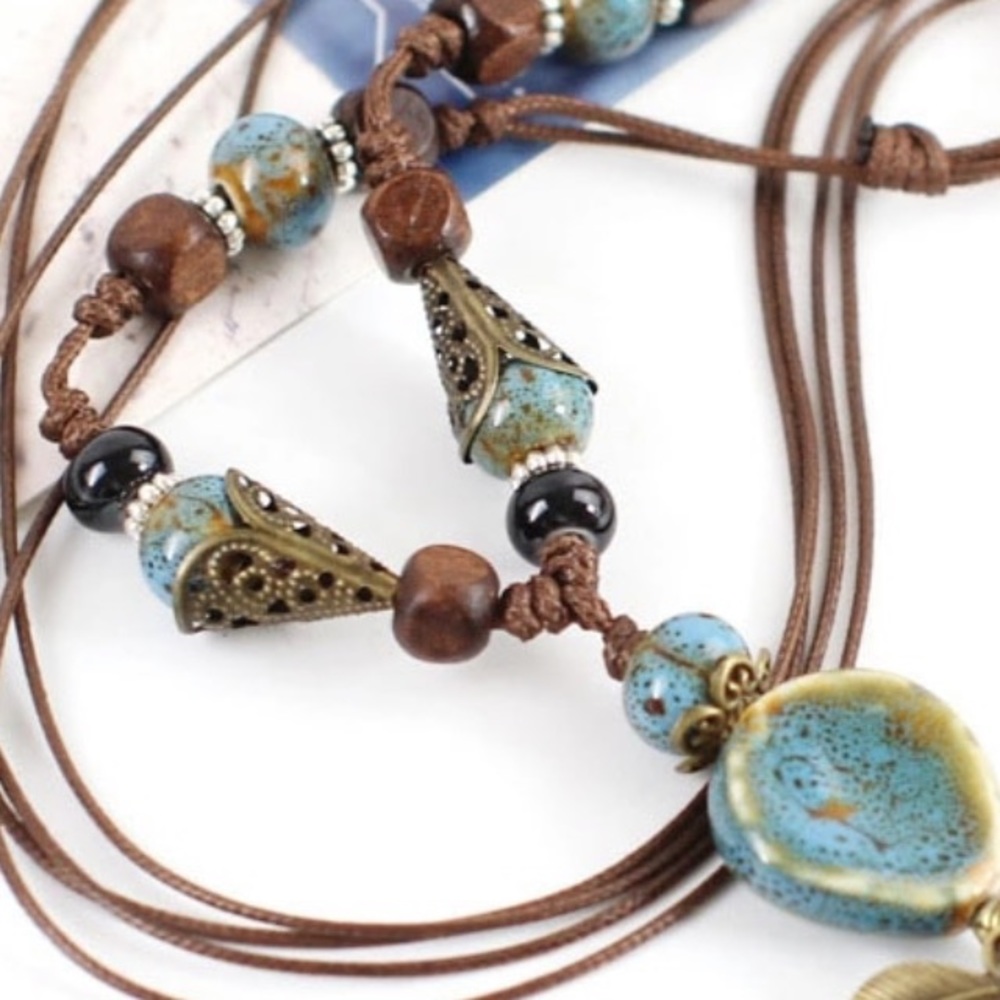 NEW Bohemian Necklace! Blue Ceramic & Leather Rope - Picture 4 of 4